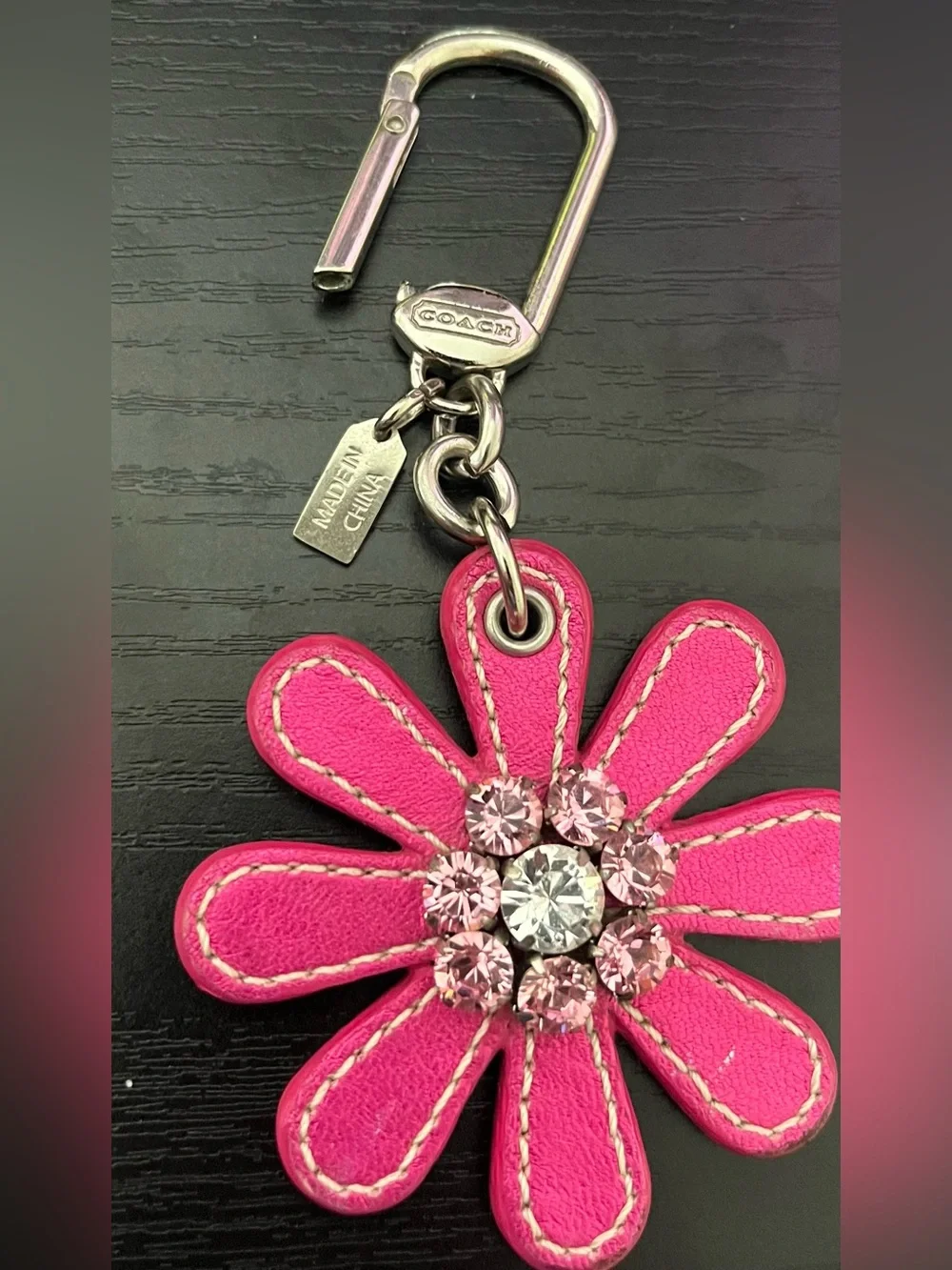 COACH Pink Metallic Leather Flower Keychain Charm with Crystal Embellishments
